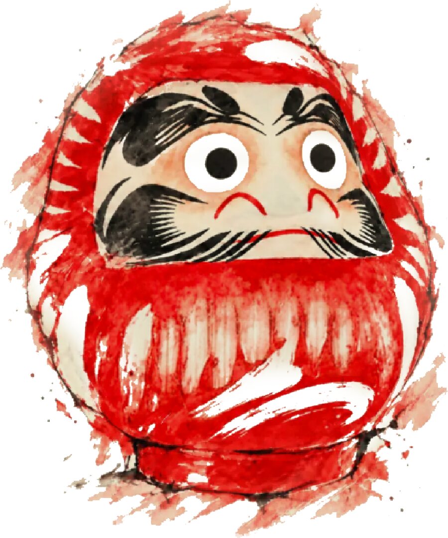 Red ink sketch of a Japanese daruma doll