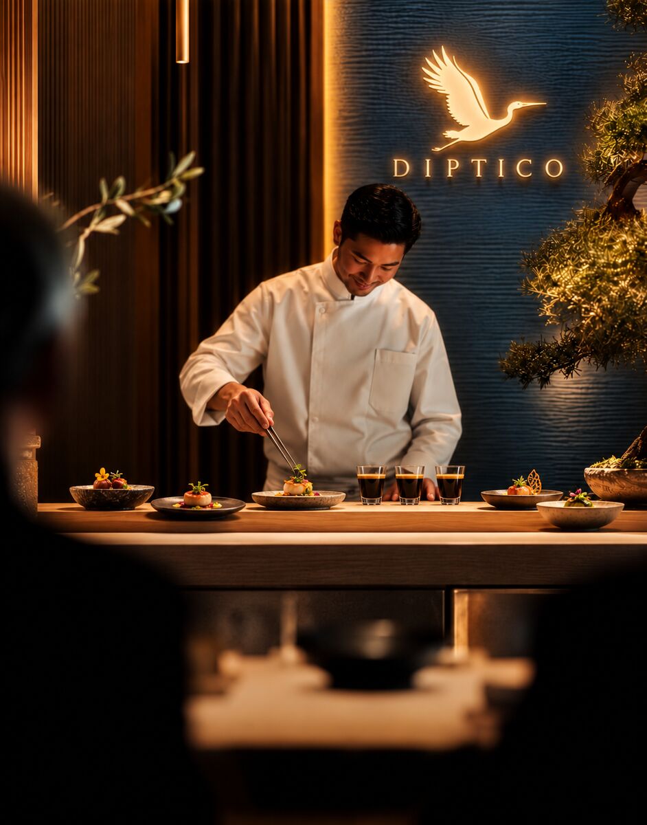 Chef at the counter at Diptico, crane logo glowing behind