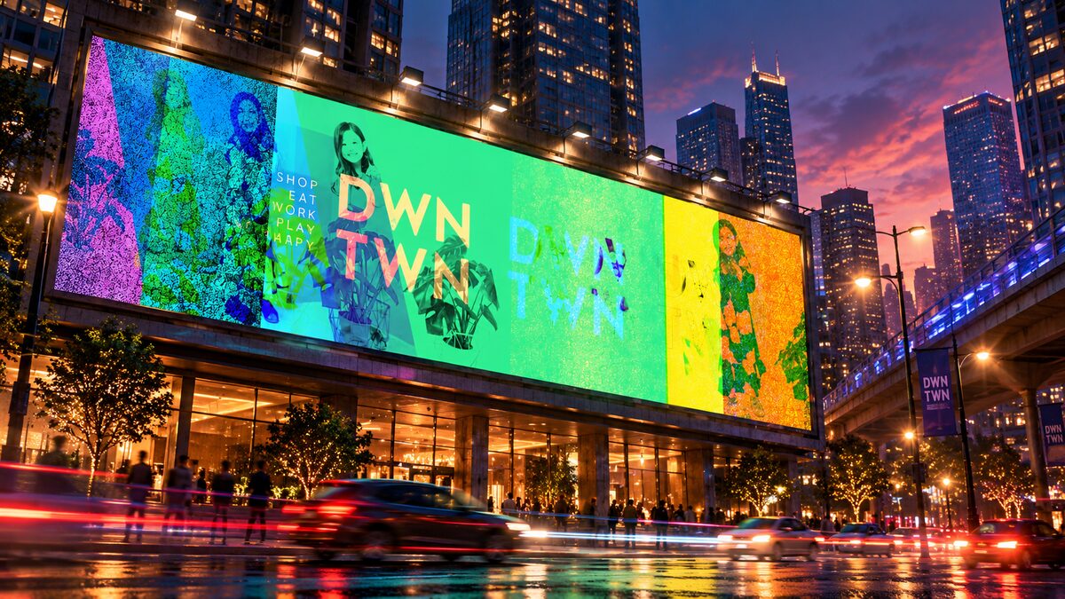 DWNTWN billboard glowing above a city street at twilight