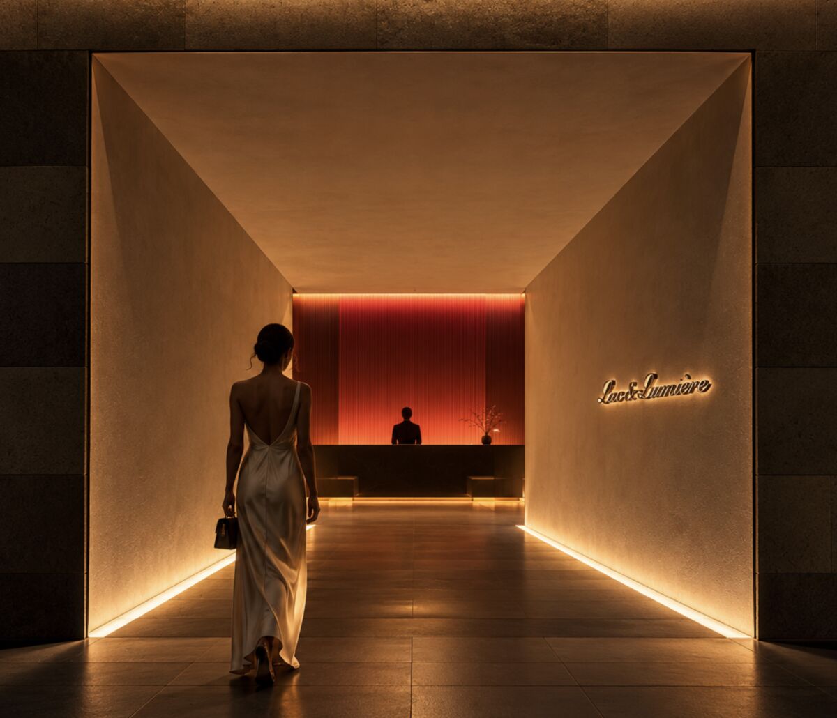 Woman walking into the softly lit Lac & Lumière entrance