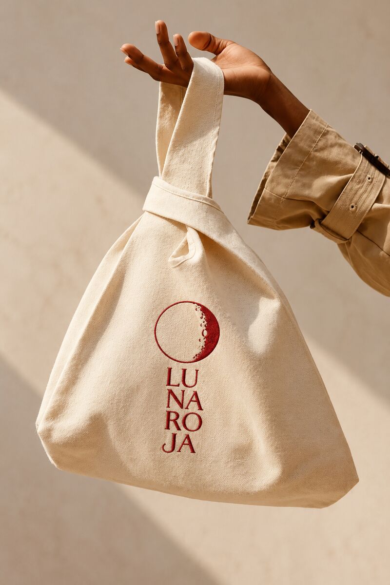 Cream Luna Roja tote bag with red moon embroidery