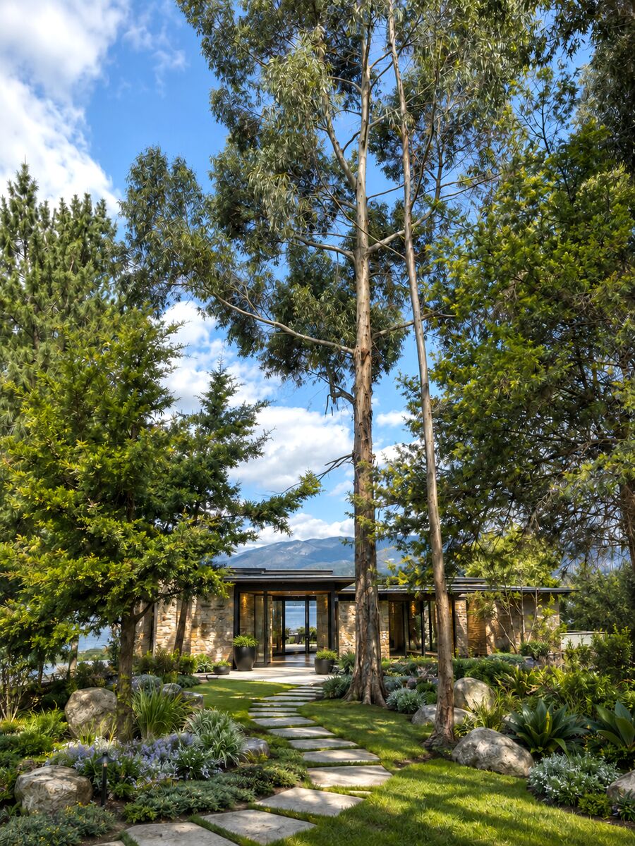 Stone path through trees to a modern lakeside house